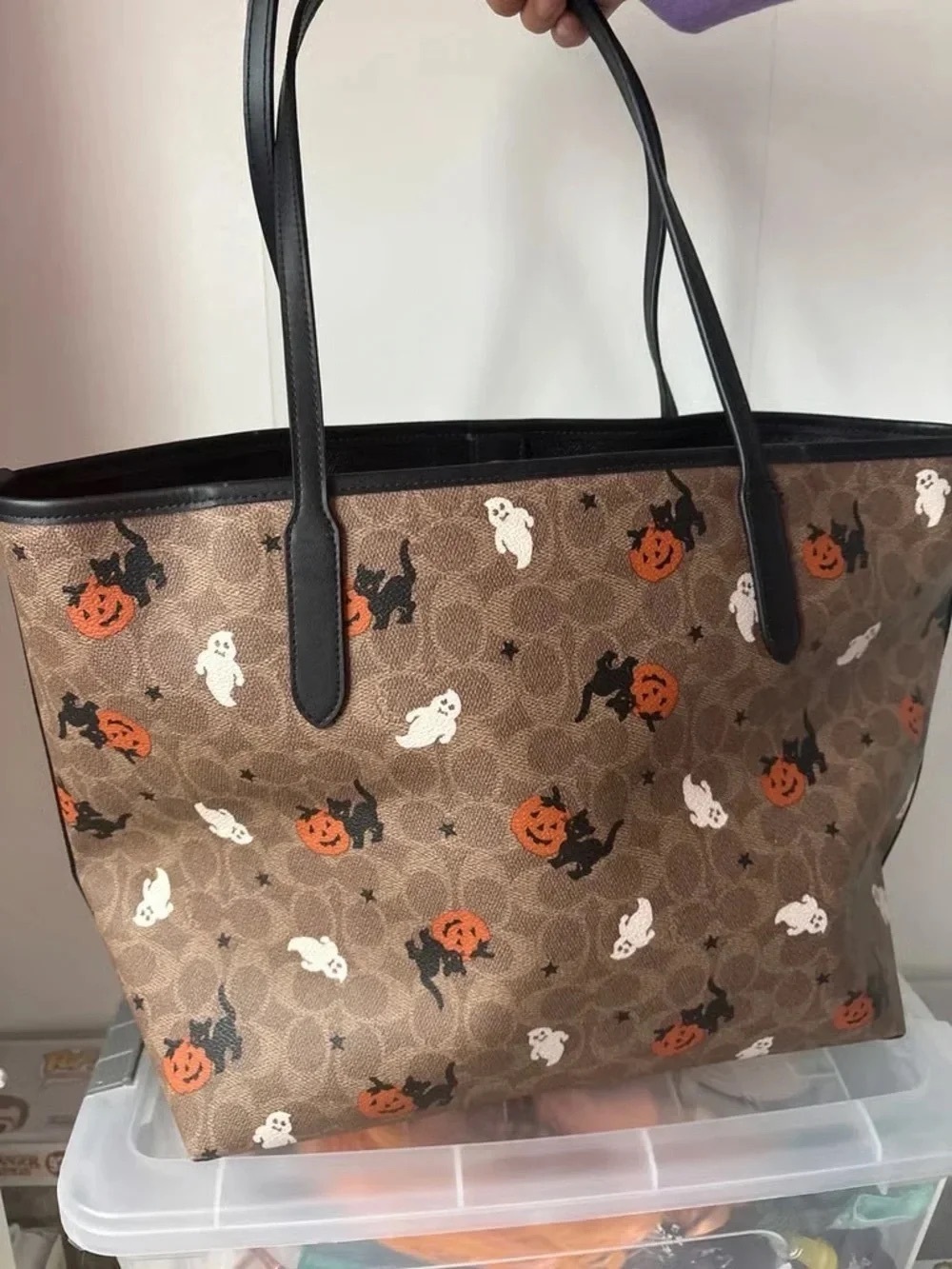 Coach Brown Halloween Print Tote with Black Handles and Orange Accents